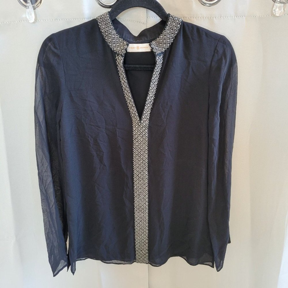 Tory Burch Womens Blouse Size 2 Black 100% Silk Chiffon Studded Sheer Top 16244x